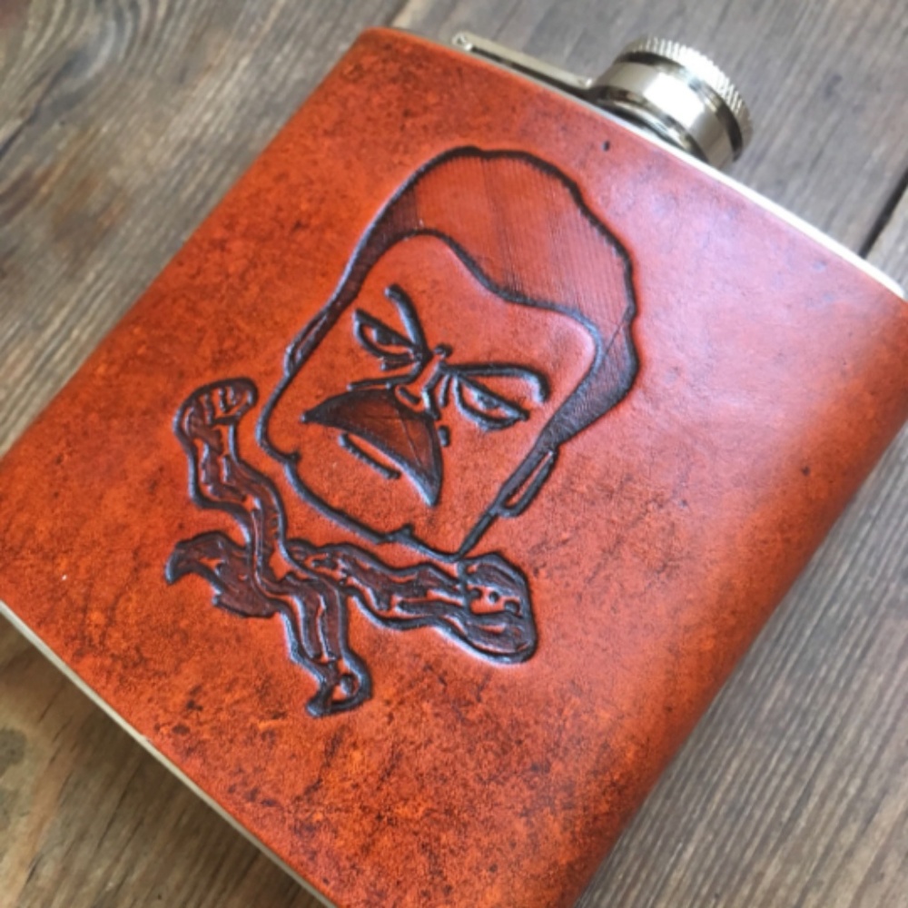 NEW Ron Swanson Bacon Handmade Leather Flask 6 oz - Picture 5 of 6